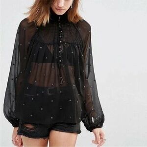 FREE PEOPLE Ready To Run Sheer Top Size XS Chiffon Smocked Boho Festival